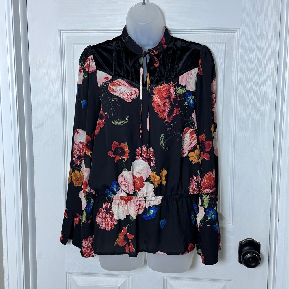 Worthington Floral Peplum Blouse Tie Neck Velvet Yoke Long Sleeve Work Top - Picture 1 of 11